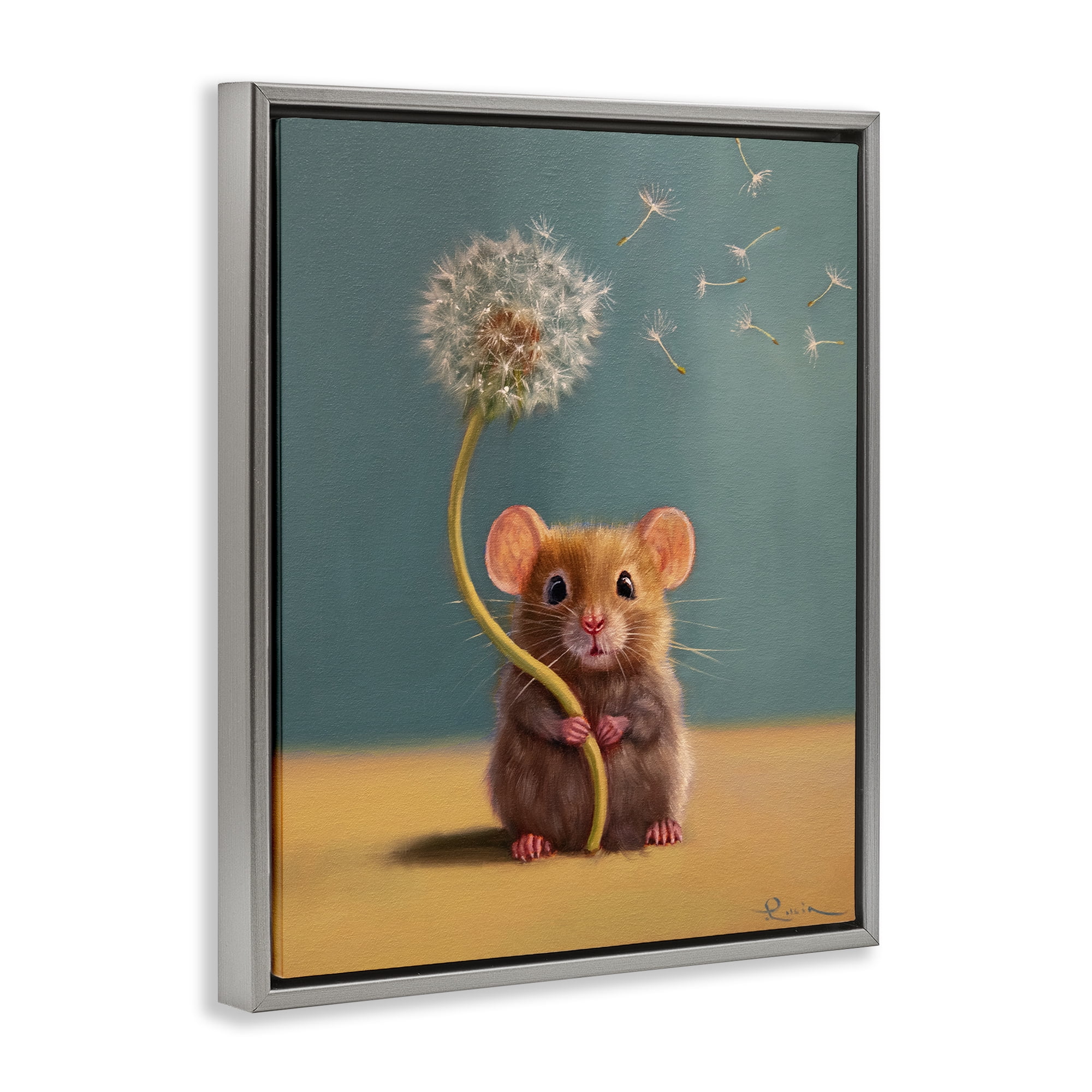 Tiny Wishes Mouse & Dandelion Gray Framed Floater Canvas Wall Art, design by Lucia Heffernan