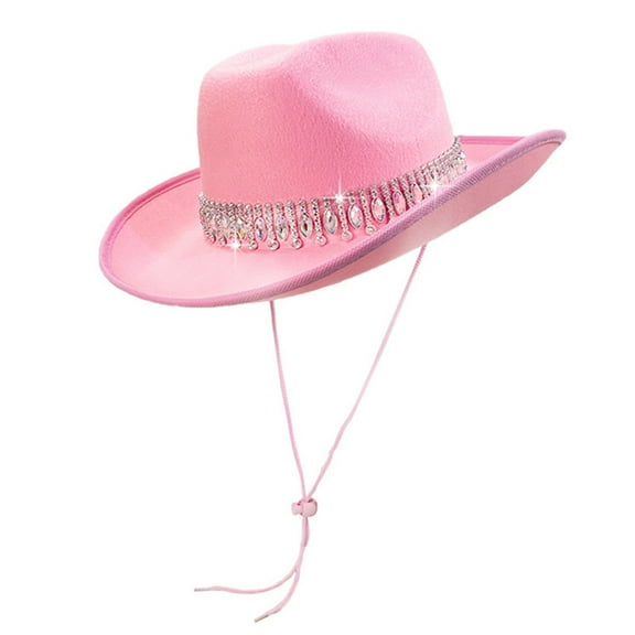 Glitter Cowboy Hat Classic Western Rhinestone Cowgirl Hat Outdoor Wide Brim Retro Felt Fedora Hats Rolled up Caps Pink One Size