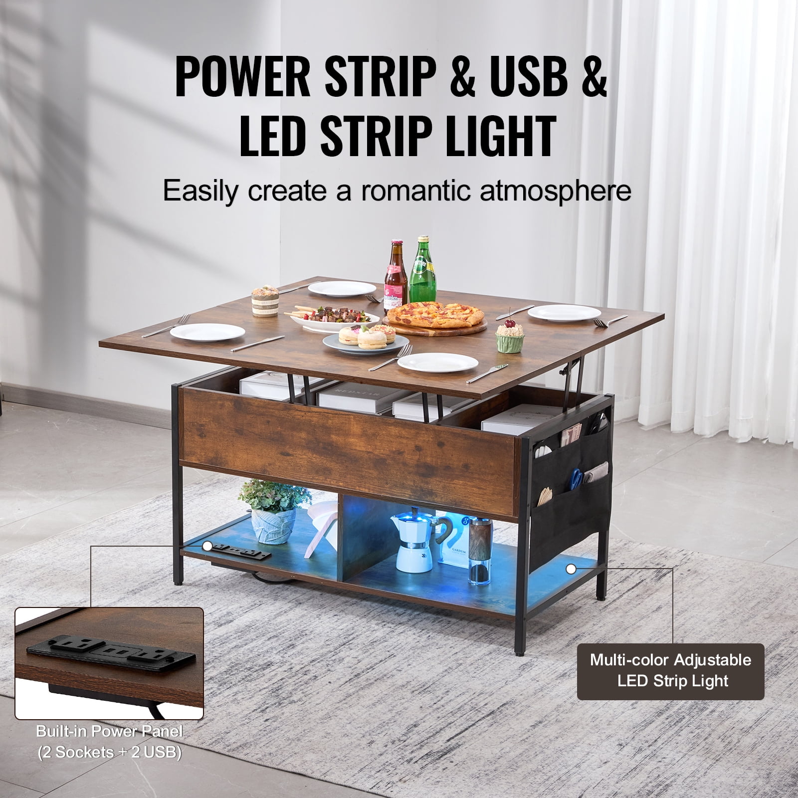 KFFKFF Coffee Table with Lift Top, 39.4 in Rectangular Design, Includes Additional Storage Compartments, Features Flip Top, Power Outlets, USB Ports & Soft Glow Lights, Ideal for Living Spaces