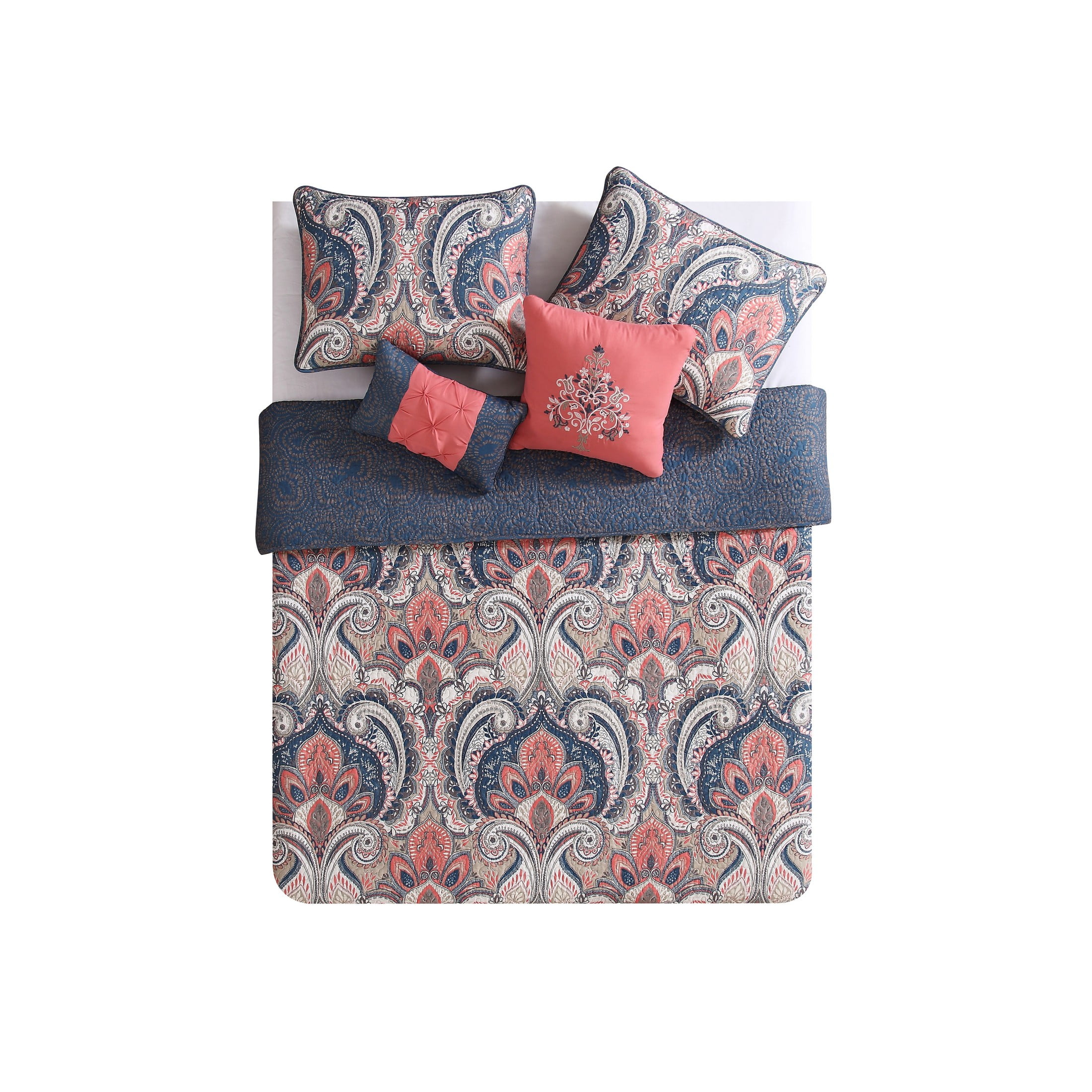 VCNY Home Casa Real 5-Piece Coral Damask Reversible Quilt Set, Full/Queen, Adult, Unisex