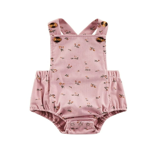 Lovely Baby Girls Printed Romper Sleeveless Square Neck Buttoned Suspender Elastic Waist Jumpsuit Triangle Crotch