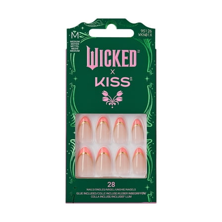 WICKED x KISS Press on Nails, Glamorous Gal, Pink, Medium Almond, 28 Count