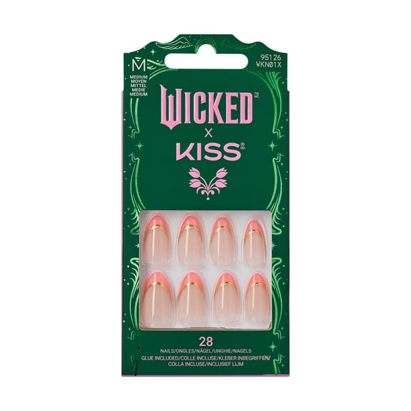 WICKED x KISS Press on Nails, Glamorous Gal, Pink, Medium Almond, 28 Count