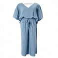thumbnail image 3 of [Casual Pants Suit] Casual Solid Color Women's Pants Suit | Half Sleeve V-Neck Top And Wide Leg Pants Clothing, 3 of 3