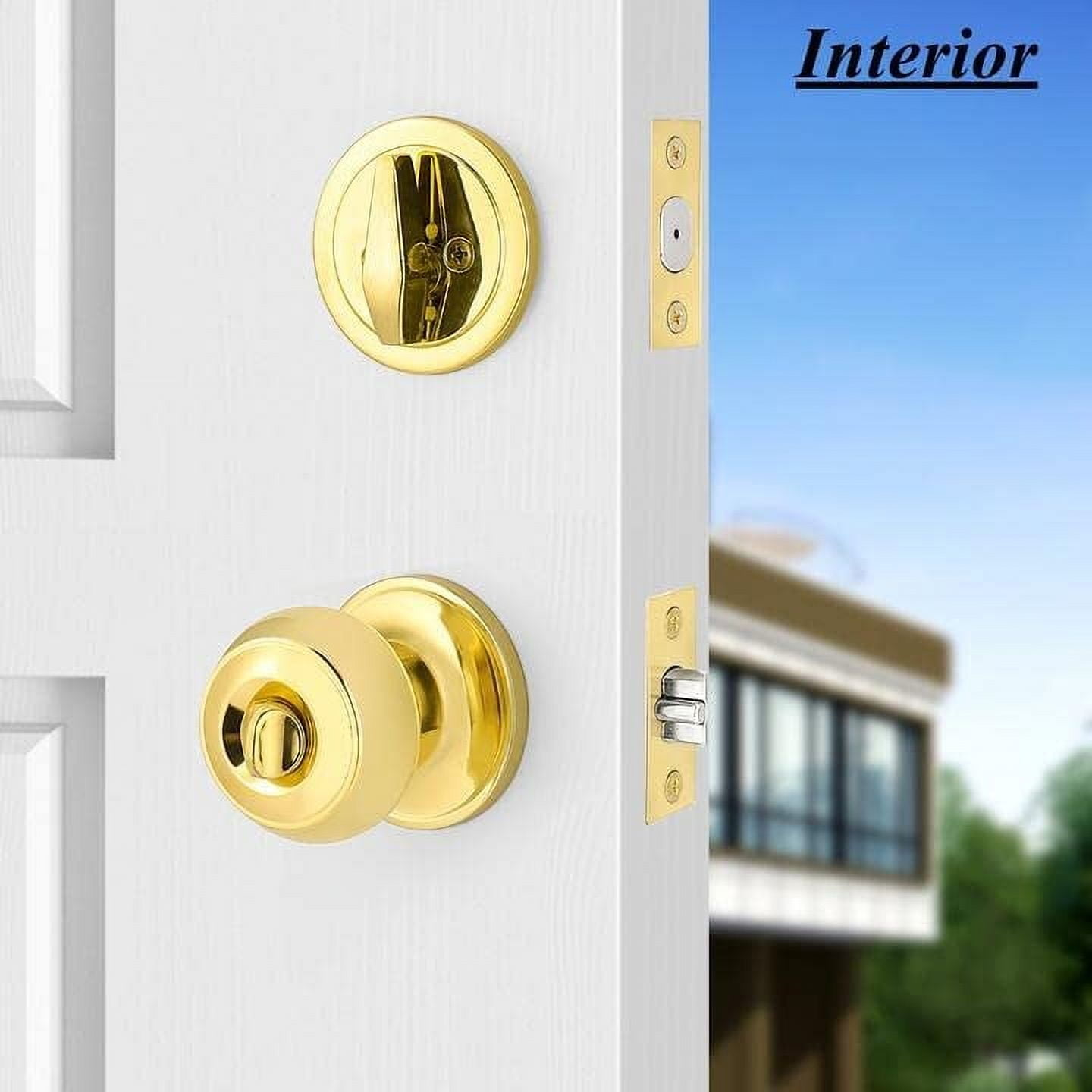 6 Pack Round Ball Entry Door Knobs and Single Cylinder Deadbolt Combo Sets for Exterior Door, Polished Brass, Keyed Alike