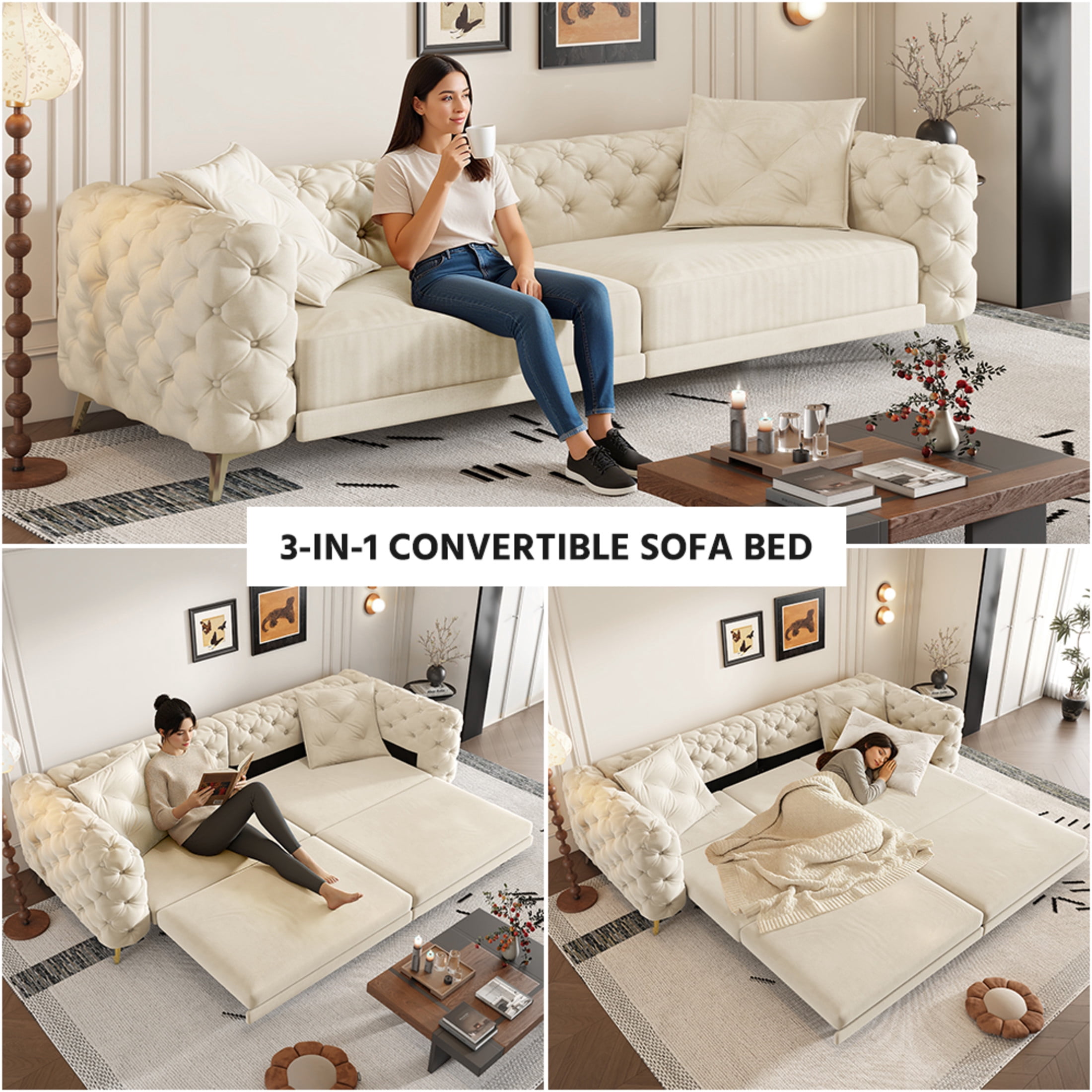 Noble House Rostin 4-Seat Velvet Convertible Sleeper Sofa, 3-in-1 Pull-Out King Bed with Movable Ottoman, Beige