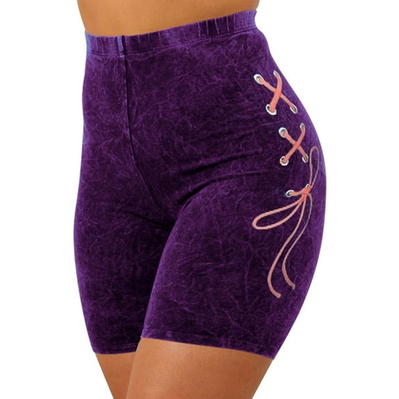 TWZH Women Imitated Denim Print High Waist Lace Up Workout Yoga Bodycon Shorts