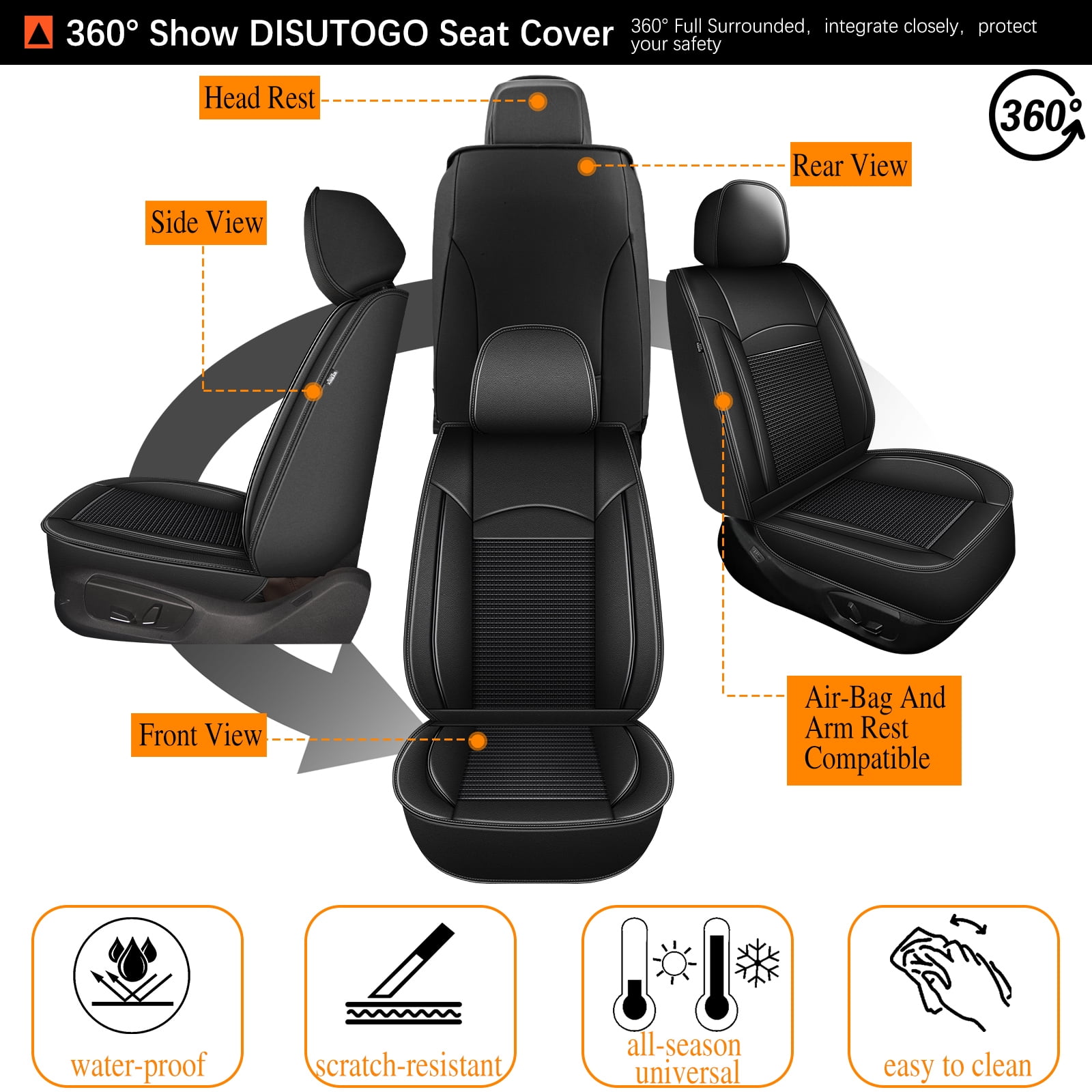 DIKSOAKR Car Seat Cover for Nissan Rogue 2008-2025 2026 Cooling Waterproof Leather Seat Covers Seat Protector Compatible Airbag Black,Front Set( 2 Seats)