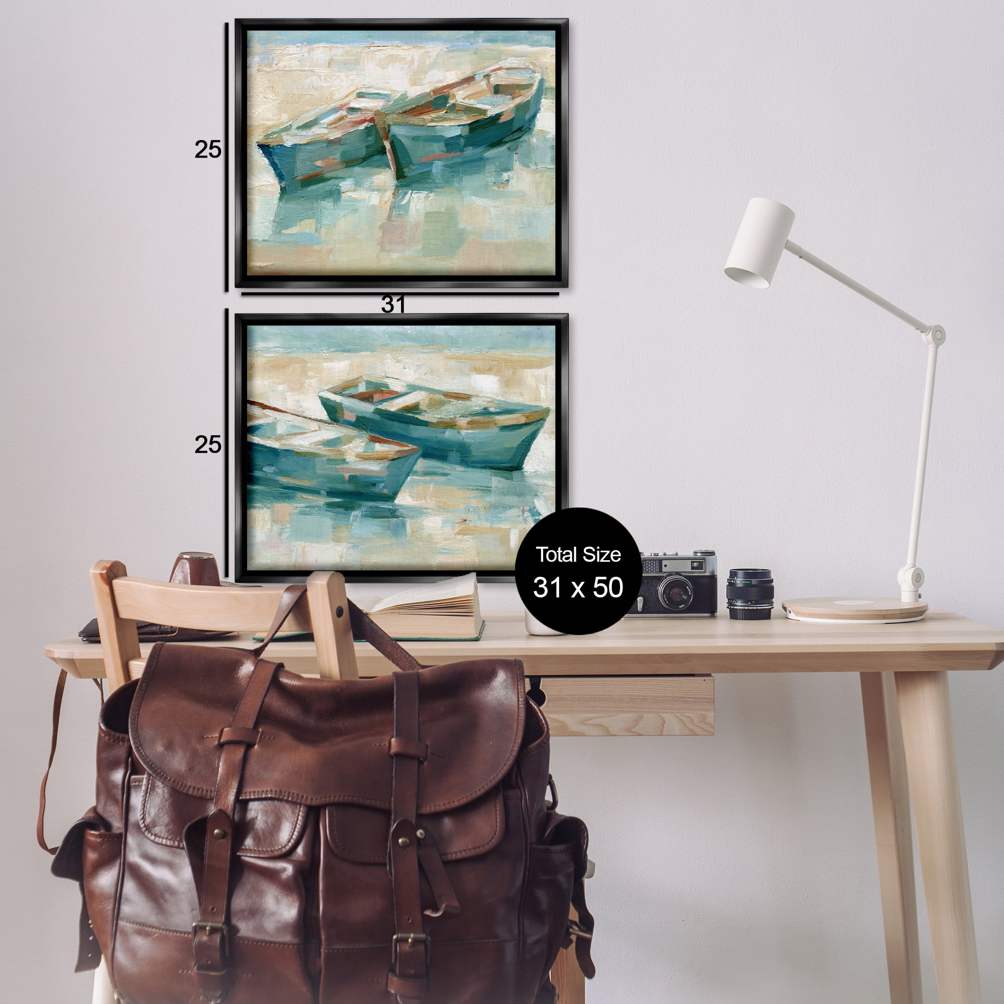 Stupell Industries Rowboat Pairs Washed Ashore Transportation Painting Black Floater Framed Canvas Art Print Wall Art, 31 x 25, Set of 2