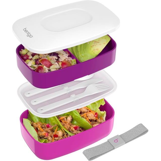 Bentgo Classic - All-in-One Stackable Bento Lunch Box Container - Modern Bento-Style Design Includes 2 Stackable Containers, Built-in Plastic Utensil Set, and Nylon Sealing Strap (Purple)