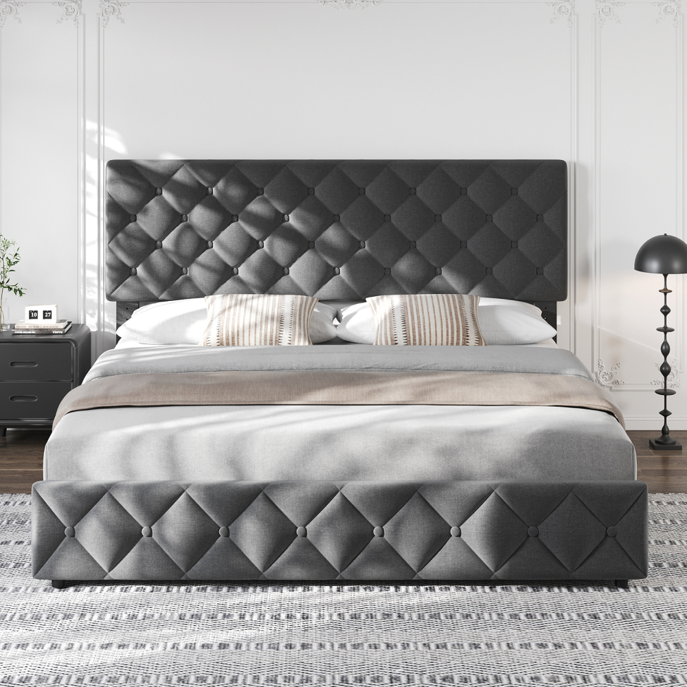 Eastvita Full/Queen/King Size Bed Frame with 4 Storage Drawers and Headboard, Linen Upholstered Platform Bed Frame, Diamond Stitched Button Tufted, Easy Assemble, Noise-Free, No Box Spring Needed