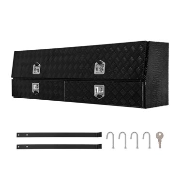 KFFKFF Contractor Truck Tool Box, 72 x 21 x 13 in, Black Aluminum TopSider Toolbox with Two Lower Drawers, Flip-Up Door, Weather-Resistant Storage Box with Latch, for Truck Bed Pickup