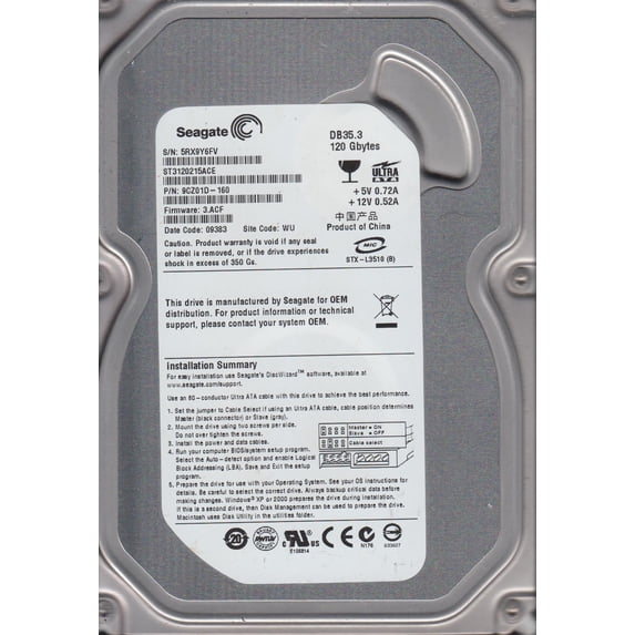 ST3120215ACE, 5RX, WU, PN 9CZ01D-160, FW 3.ACF, Seagate 120GB IDE 3.5 Hard Drive
