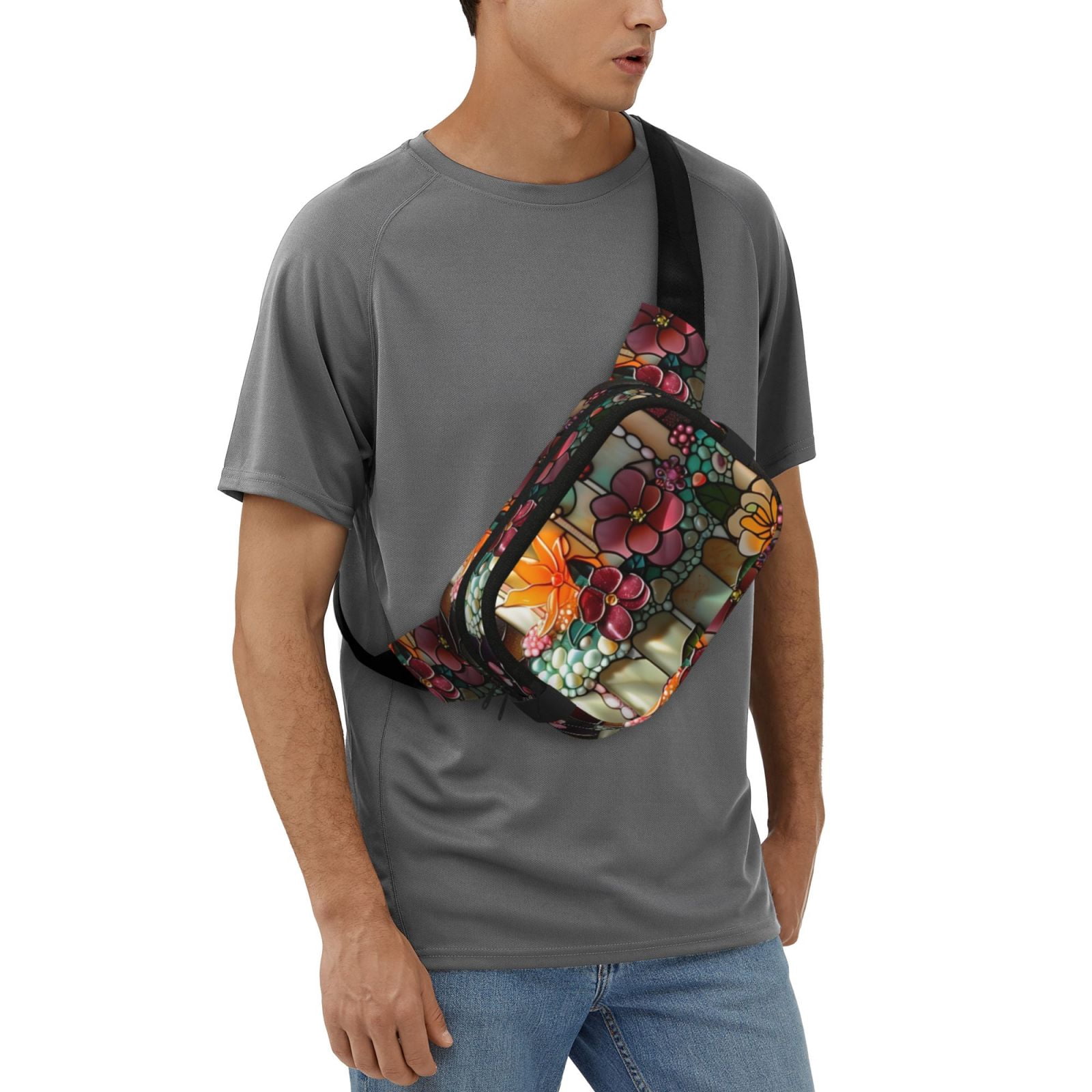 Picia Stained Glass Floral Cake Print Square Double-Layer Waist Bag Mini Adjustable Waist Belt Bag Exercise Running Travel Hiking