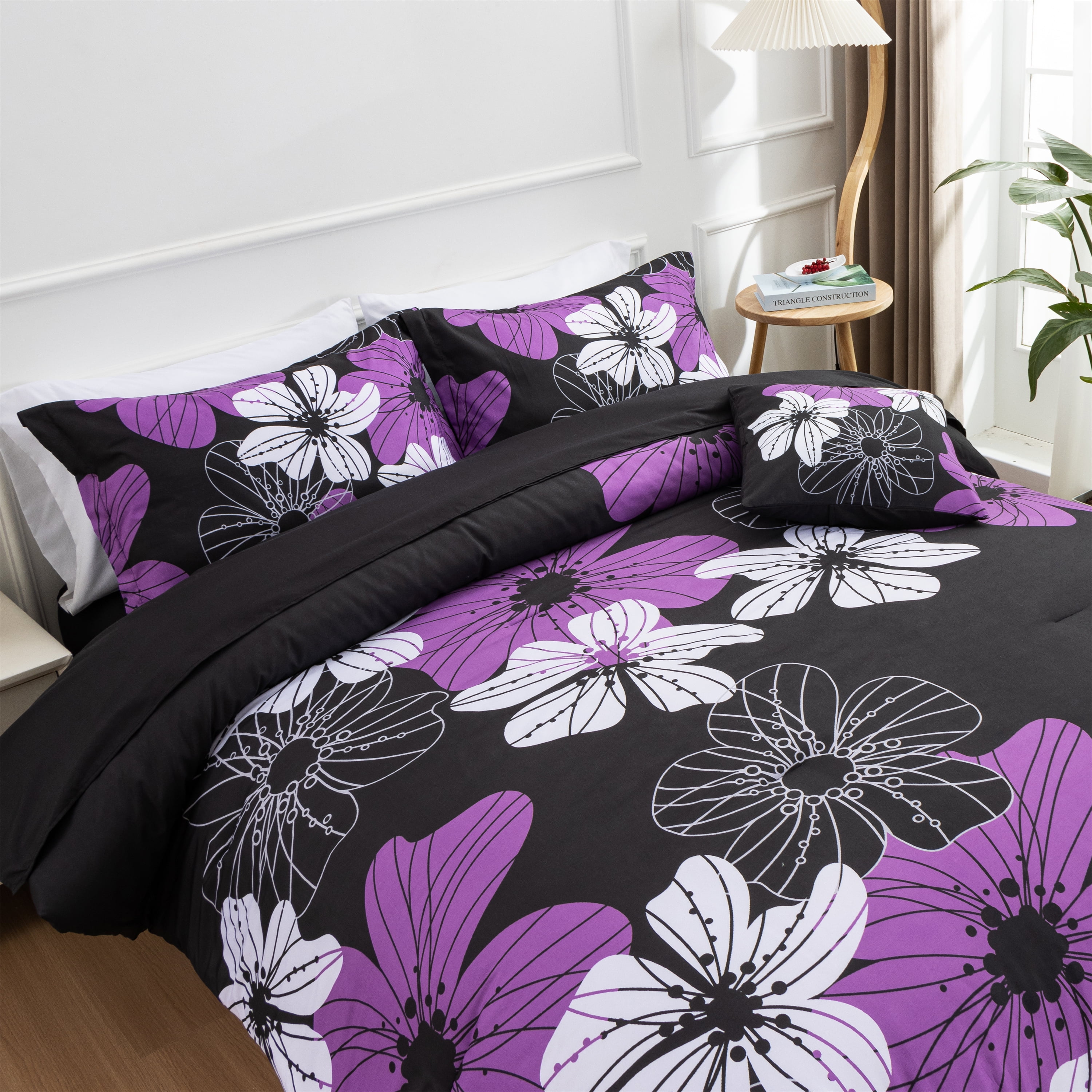 Btargot 6PCS Purple Comforter Sets King Floral Botanical Boho Bed-in-a-Bag Black Bedding Set
