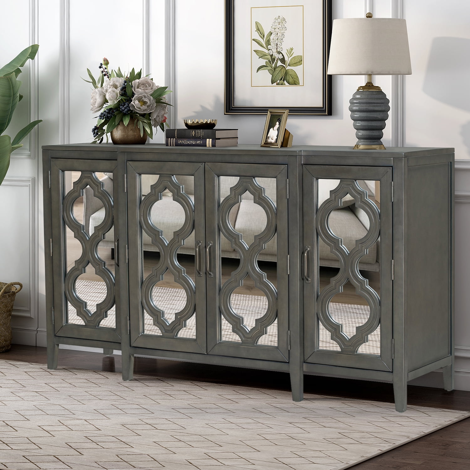 Kadyn 59.8" Modern Mirrored Console Table Sideboard, MDF Buffet Cabinet Sideboard with 4 Cabinets and 3 Adjustable Shelves,Kitchen Storage Cupboard Cabinet for Living Room, Gray