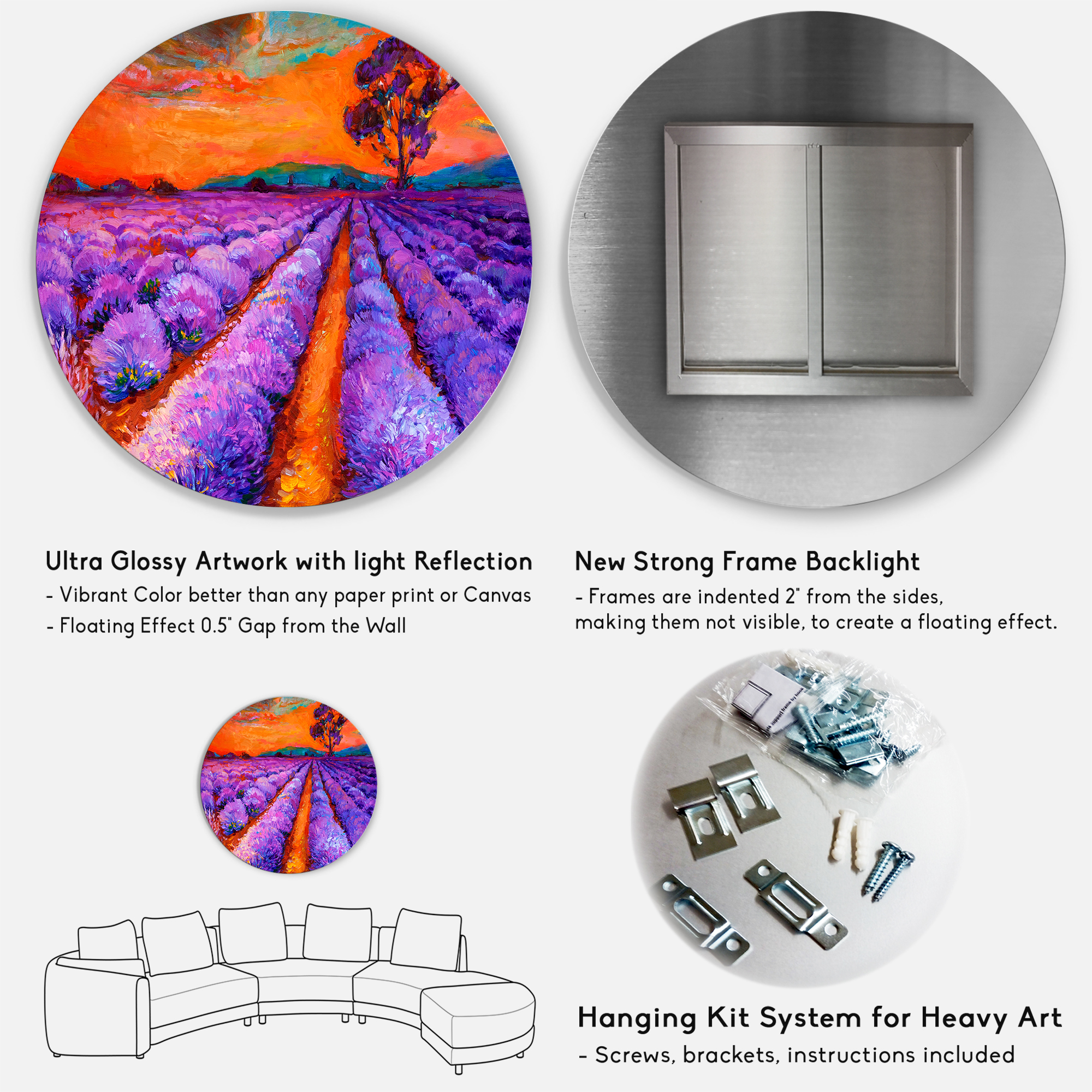 Designart 'An Orange Sunset Over Purple Lavender Fields I' Farmhouse Circle Metal Wall Art 29x29 - Disc of 29