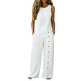 thumbnail image 2 of 2 Piece Women's Casual Linen Blend 2 Piece Outfit - Sleeveless Crew Neck Top with Decorative Side Buttons & High Waist Wide Leg Pants with Pockets, Solid Color White M, 2 of 6