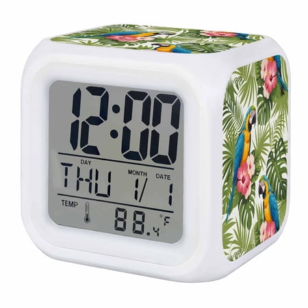 Summer Digital Alarm Clock for Bedrooms,Smart LED Alarm Clock with 7 Color Night Light,Botanical Palm Leaves Flower Bird Animals Plants Silent Wake Up Clocks for Sleep Study Cooking 3.2x3.2