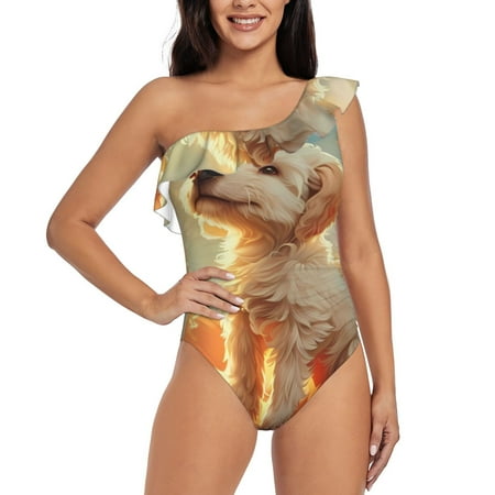 Uemuo Sunshine Golden Cloud Dog Print Women s One Piece Swimsuit Asymmetrical Neck Bathing Suit One Shoulder Side Cutout Ruffle Swimwear-Large