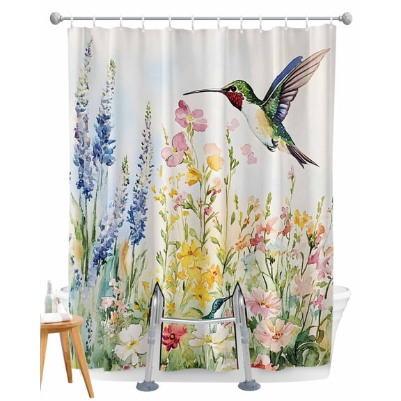 Split Shower Curtain for Transfer Bench, Floral Hummingbird Fabric Shower Curtains for Bathroom, Spring Watercolor Flowers Tub Sliding Transfer Bench Waterproof Bath Curtains 72"x72"