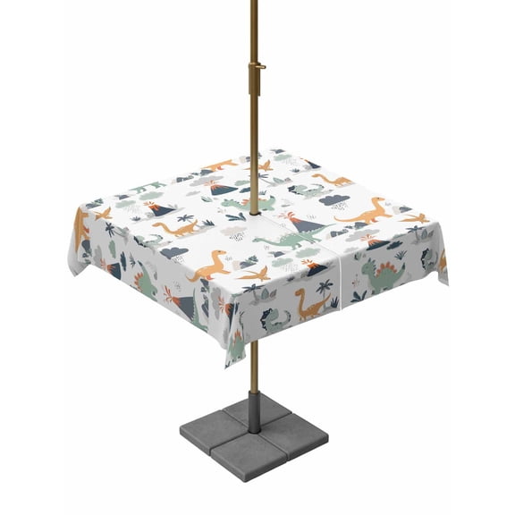 Outdoor Tablecloth with Umbrella Hole for Patio/Picnic/Party/Camping, Cartoon Animals Waterproof Table Cloth Square Cover Washable, Funny Dinosaur Tropical Plants Green Gray (60"x 60")