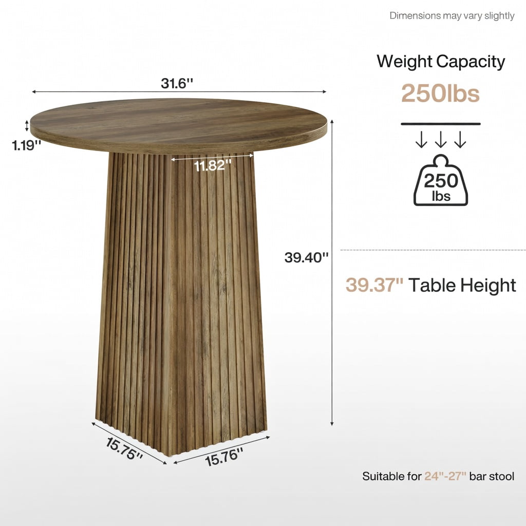 Hommoo 31.5 Inch Round Pub Table, Modern Fluted Pedestal Bar Table for Kitchen, Apartment, Breakfast Nook & Small Spaces, Walnut