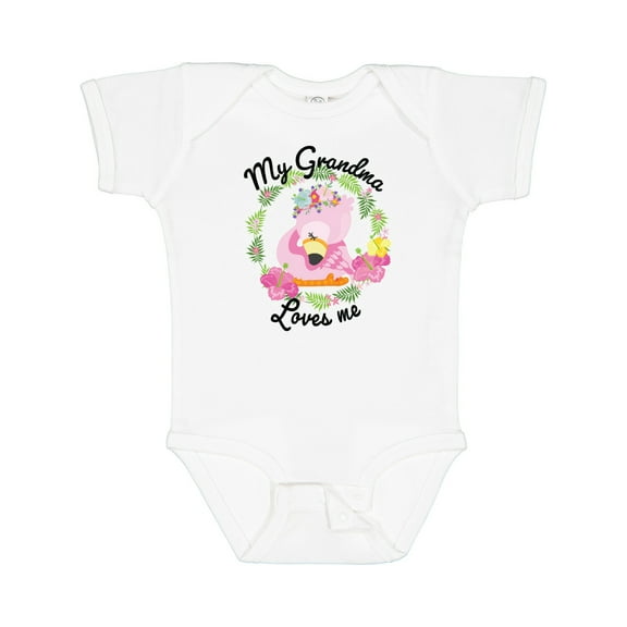 Inktastic Baby Flamingo My Grandma Loves Me with Flower Wreath Boys or Girls Baby Bodysuit