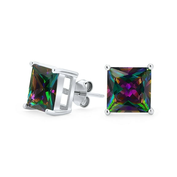 Bling Jewelry Womens Square Black Mystic Rainbow CZ Stud Earrings Men Sterling Silver 5-9 MM