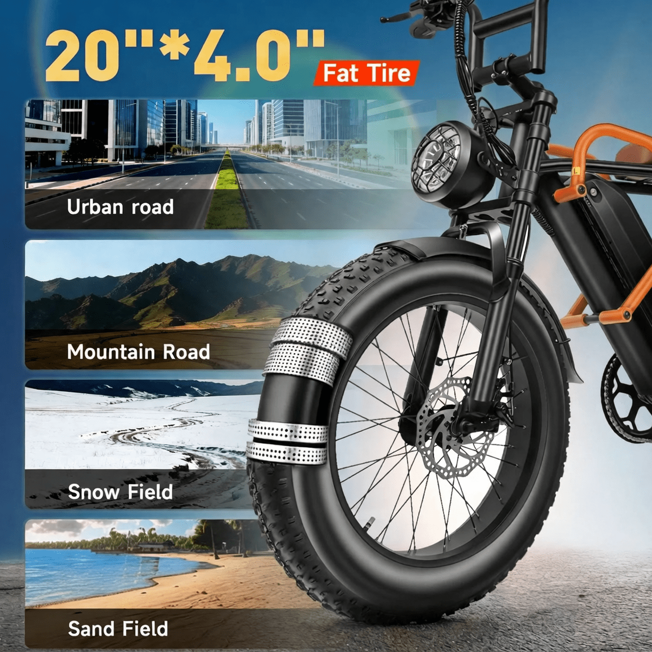 20'' Fat Tire E-Mountain Bicycle for Adults, Peak 750W Motor Electric Bike, 48V 15Ah 30MPH 7-Speed Ebike UL2849