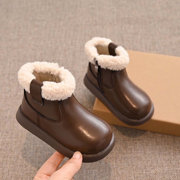 Kids Ankle Boots Winter Fleece Lined Faux Leather Booties Round Toe Soft Sole Comfortable Warm Boots Brown 9 Little Kids