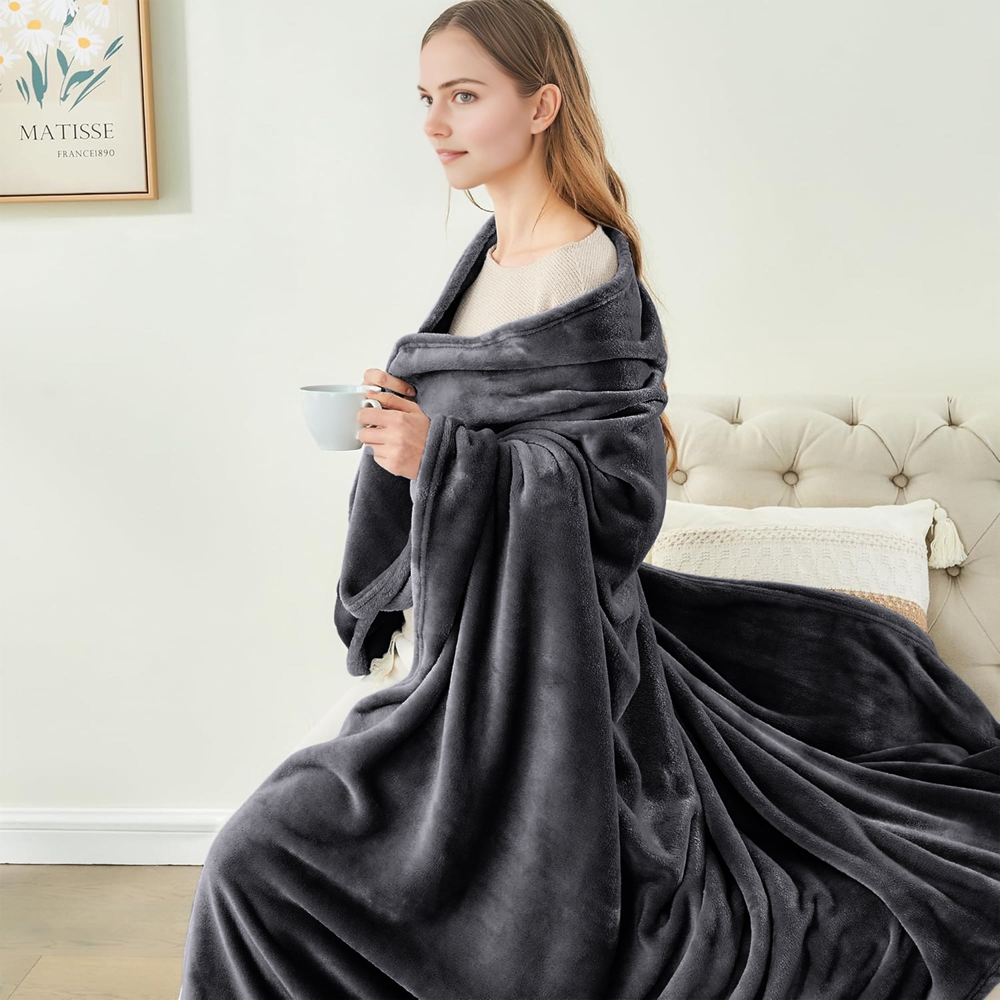 IR Imperial Rooms Flannel Fleece Bed Blanket 310 GSM Microfiber Lightweight Warm Fluffy Cozy Plush Adult Gray Queen Size