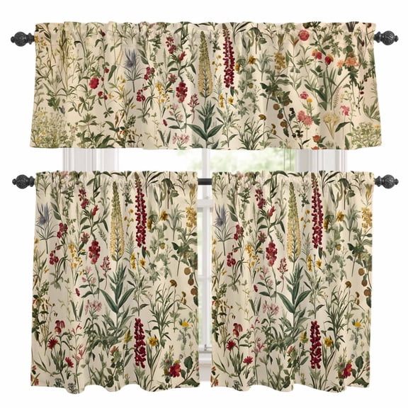 Vintage Plant Kitchen Curtains Sets for Windows 24 Inch Length, Boho Botanical Flowers Green Leaf Ferns Rod Pocket Window Treatments Tier Curtains and Valances Set for Bedroom/Bathroom