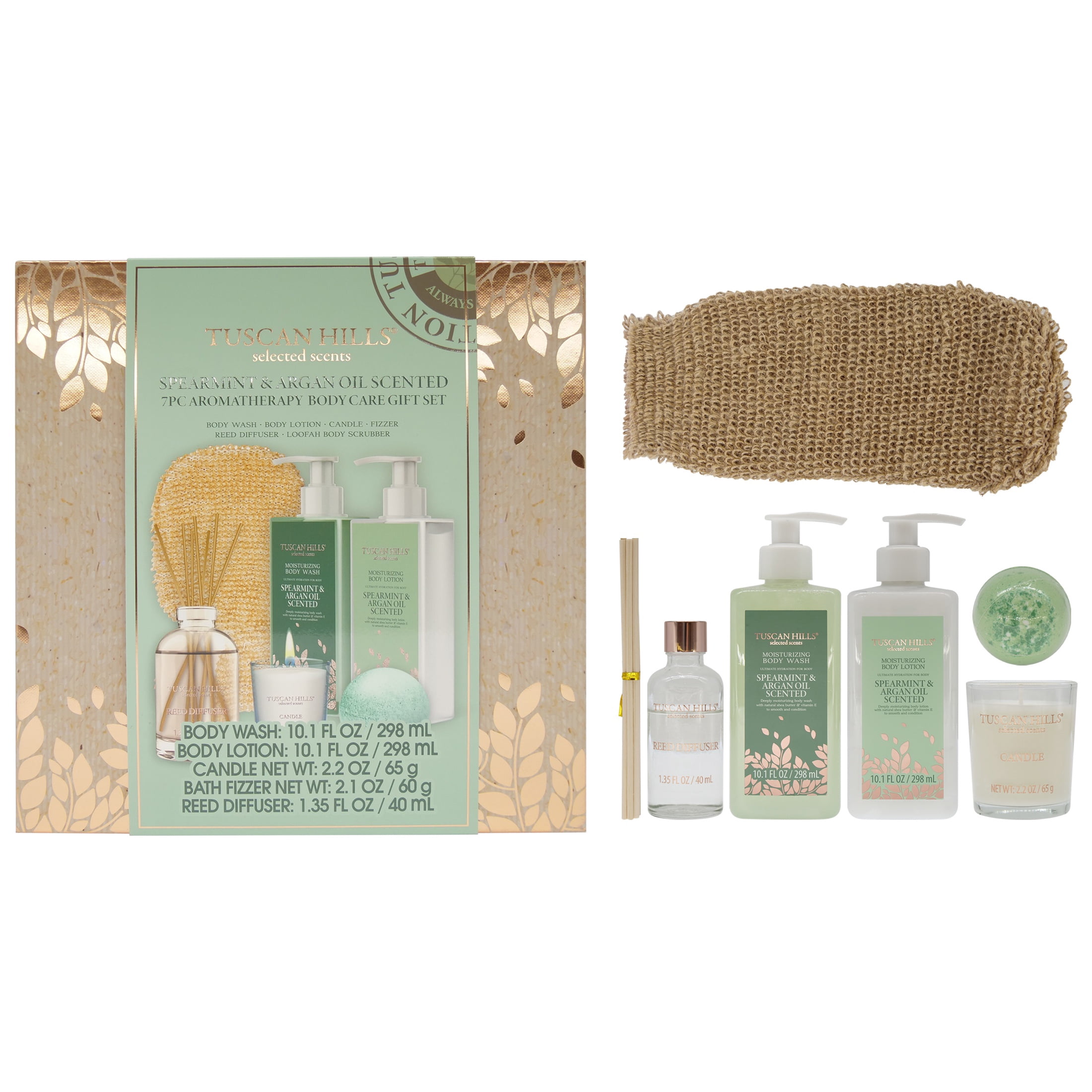 Tuscan Hills Aromatherapy Body Care Gift Set, Spearment and Argon Oil Scent, 7 Piece