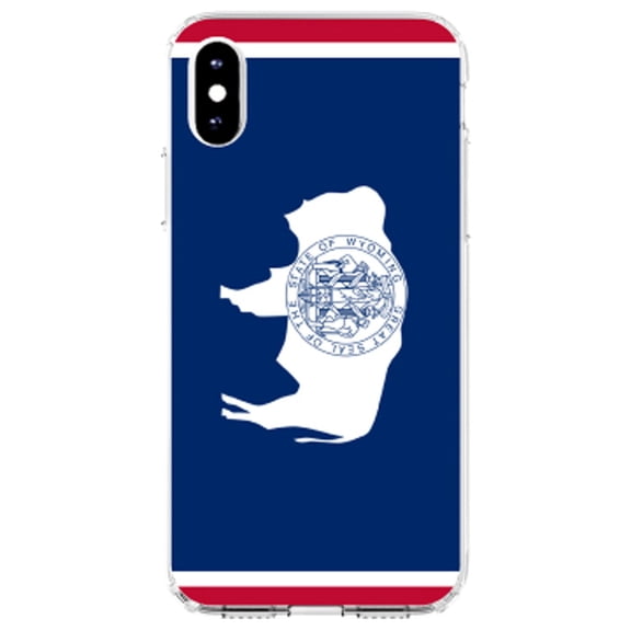 DistinctInk Clear Shockproof Hybrid Case for iPhone X / XS (5.8" Screen) - TPU Bumper, Acrylic Back, Tempered Glass Screen Protector - Wyoming State Flag - US State Flag