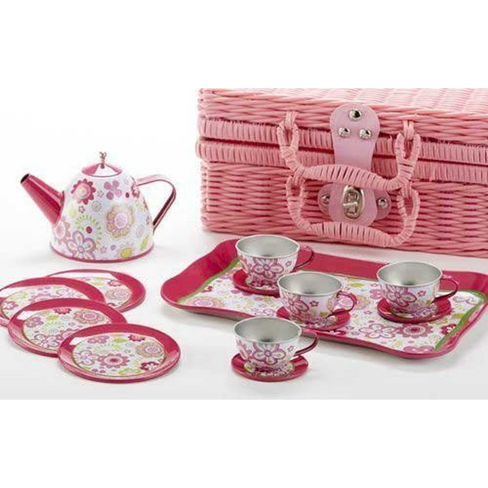 Delton Products Tin Tea Set with Real Pouring Teapot in Wicker Basket, NonBreakable Dishes