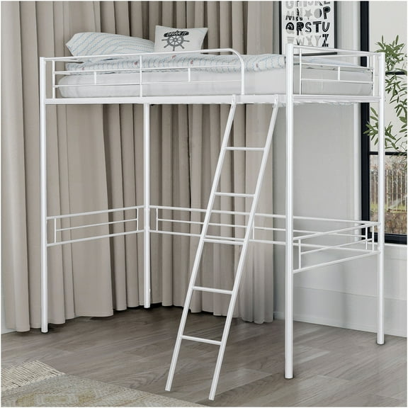 JERFIT Twin Loft Bed, Contemporary, Metal, White