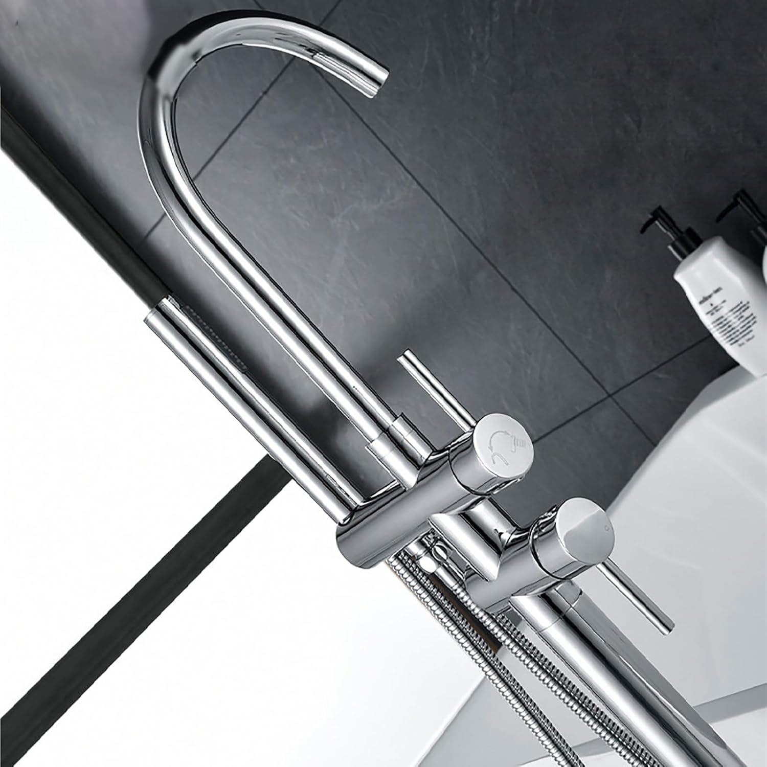 Freestanding Tub Faucet with Hand Shower, Modern Floor Mount Bathtub Filler Set, High Flow Waterfall Spout, Bath Tub Faucet for Soaking Tub and Bathroom Remodel