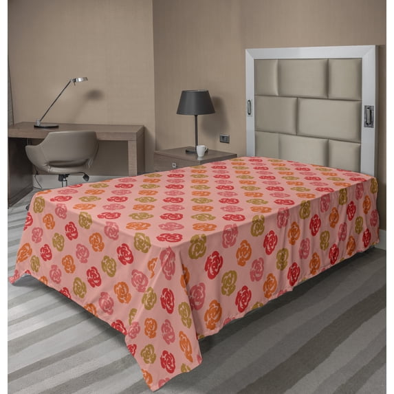 Floral Flat Sheet, Rose Petals Bouquets Shabby Grunge Love Blossoms Valentines Retro, Soft Comfortable Top Sheet Decorative Bedding 1 Piece, 6 Sizes, Coral Vermilion, by Ambesonne