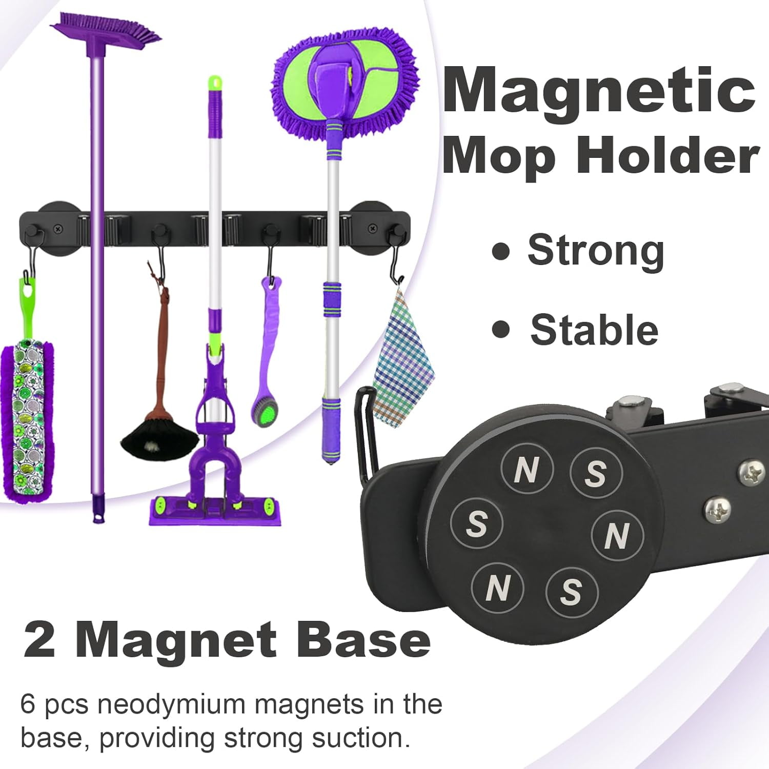 Magnetic Mop Broom Holder, Heavy Duty Magnetic Mop Hanger with Swivel Hooks for Cleaning Tools, Strong Magnet Mount Tool Hanger Organize System Utility Rack for Refrigerators Laundry Garage