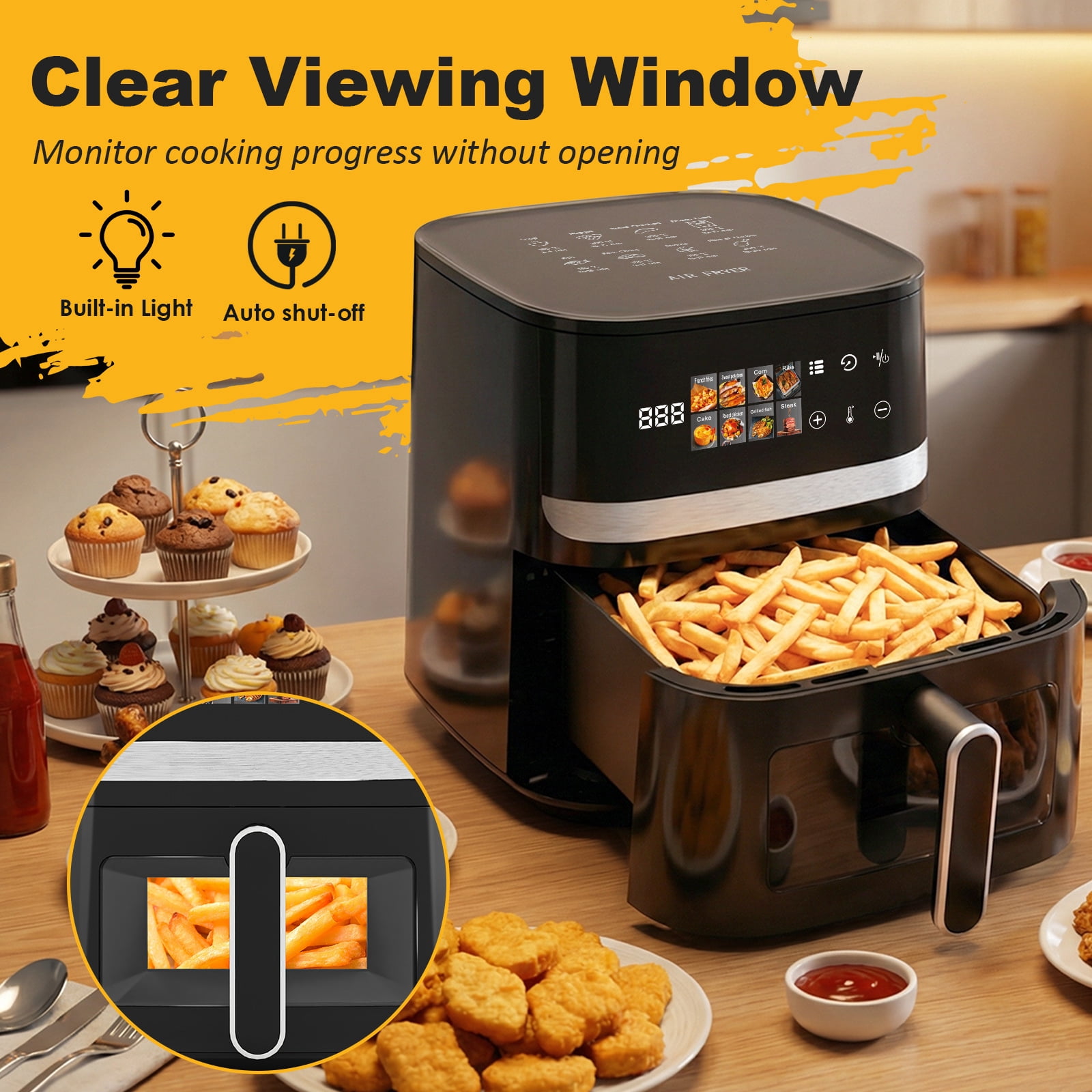 Bluebow 8QT Air Fryer, 8-in-1 Presets Electric Hot Oven with Digital LED Touchscreen, Non-stick Dishwasher-Safe Basket, Easy View Window, Black