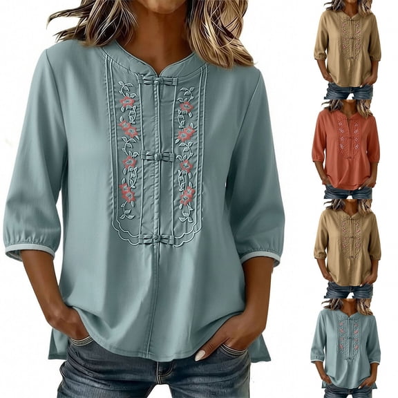 Ihhxva Women's Linen Tops Cotton Loose Fit Embroidered Blouse Top Boho Tunic Shirt Casual Summer Beach Vacation Flowy Hippie Chic M-2XL
