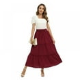 thumbnail image 2 of Women's Tiered Maxi Skirt Elastic High Waist Boho Skirts with Drawstring Solid Color Ruffle Swing Long Skirt, Wine Red S-2XL, 2 of 9