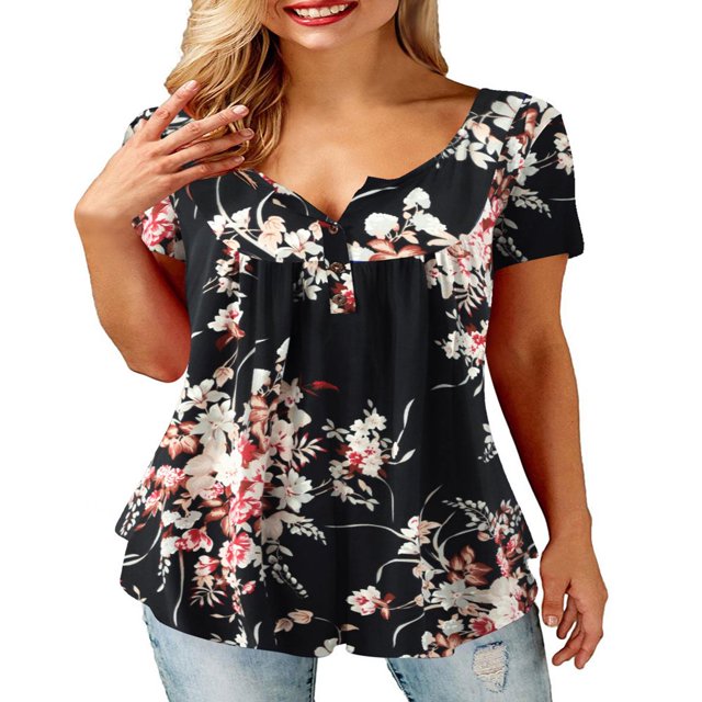 CHUANK T-Shirts pour Femmes Manches Courtes Col Rond Tunique Boutonnée (Blanc TG)