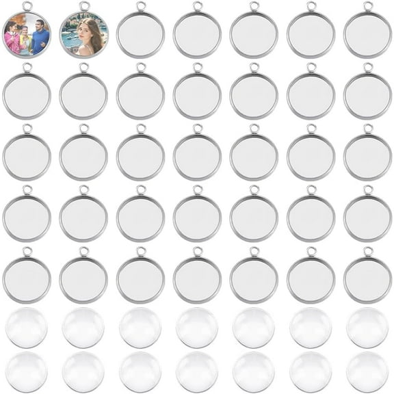 200Pcs 100 Sets Flat Round Cabochon Pendant Blanks Dome Bezels Charms 12mm Tray Stainless Steel Base Cabochon Charms with Glass Cabochons for DIY Jewelry Making Stainless Steel Color