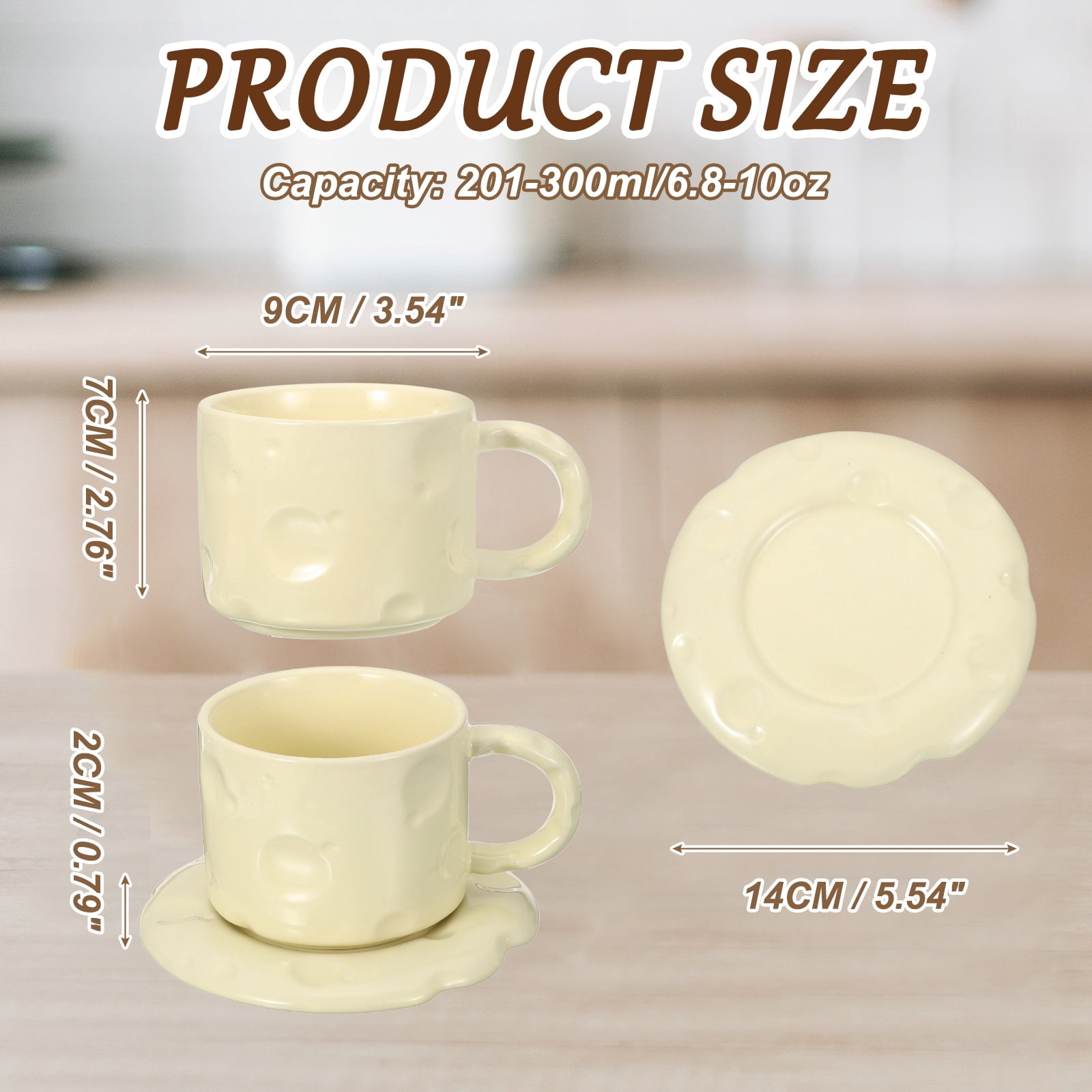 Uxcell 10oz Ceramic Coffee Mugs with Saucer Set, Creative Cute Cup with Handle Unique Irregular Design for Lovers Gift Tea Espresso Latte Kitchen Cafe, Dishwasher White