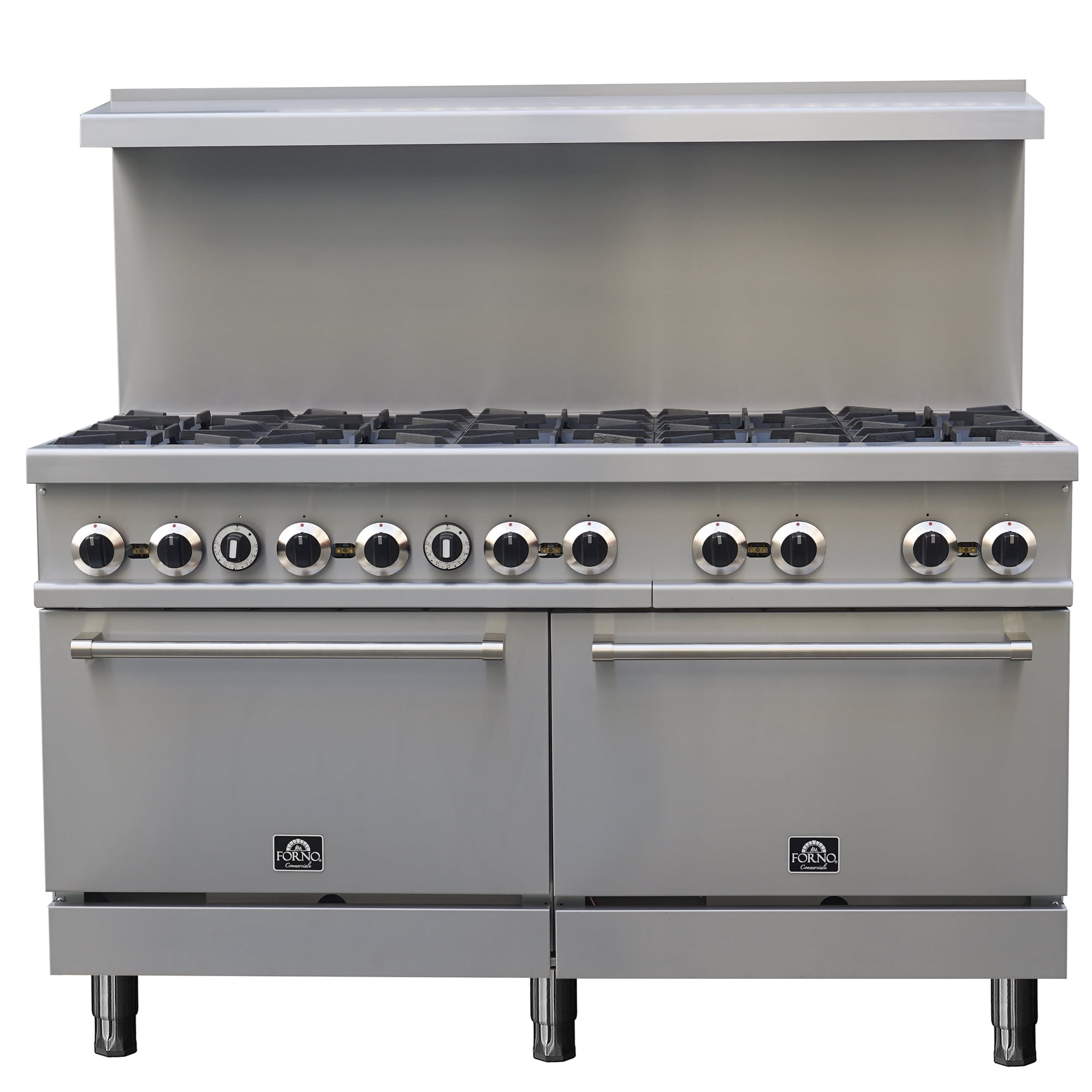 Forno Commerciale 60 Inch Stainless Steel Gas Range, 10 Burners 300,000 BTU Total, 9.3 cu.ft. Ovens
