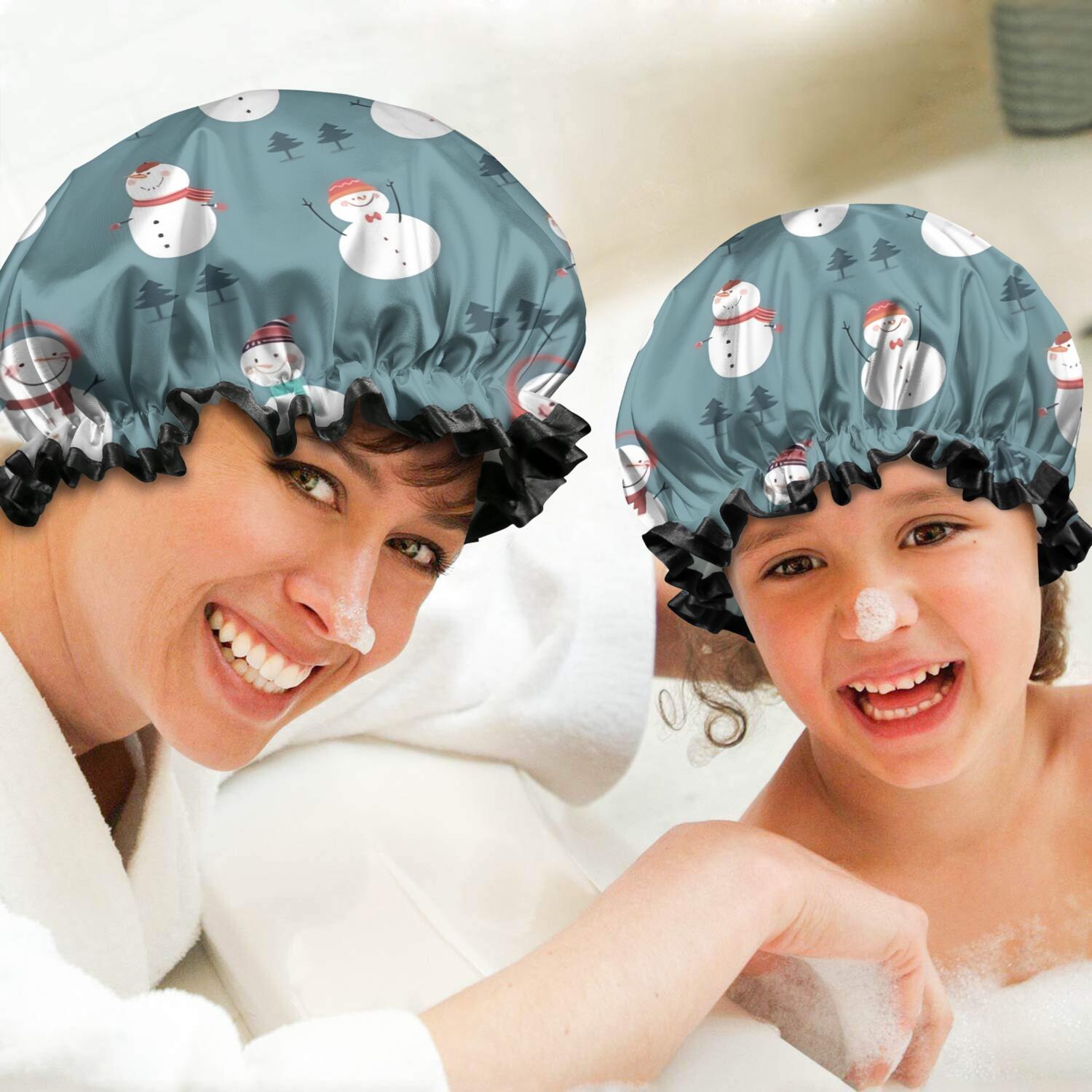 Shower Caps,Blue Christmas Snowman Pattern Waterproof Shower Cap for Women 4 Pieces,Double Reusable Hair Cover for Shower PEVA Elastic Stretch Hem