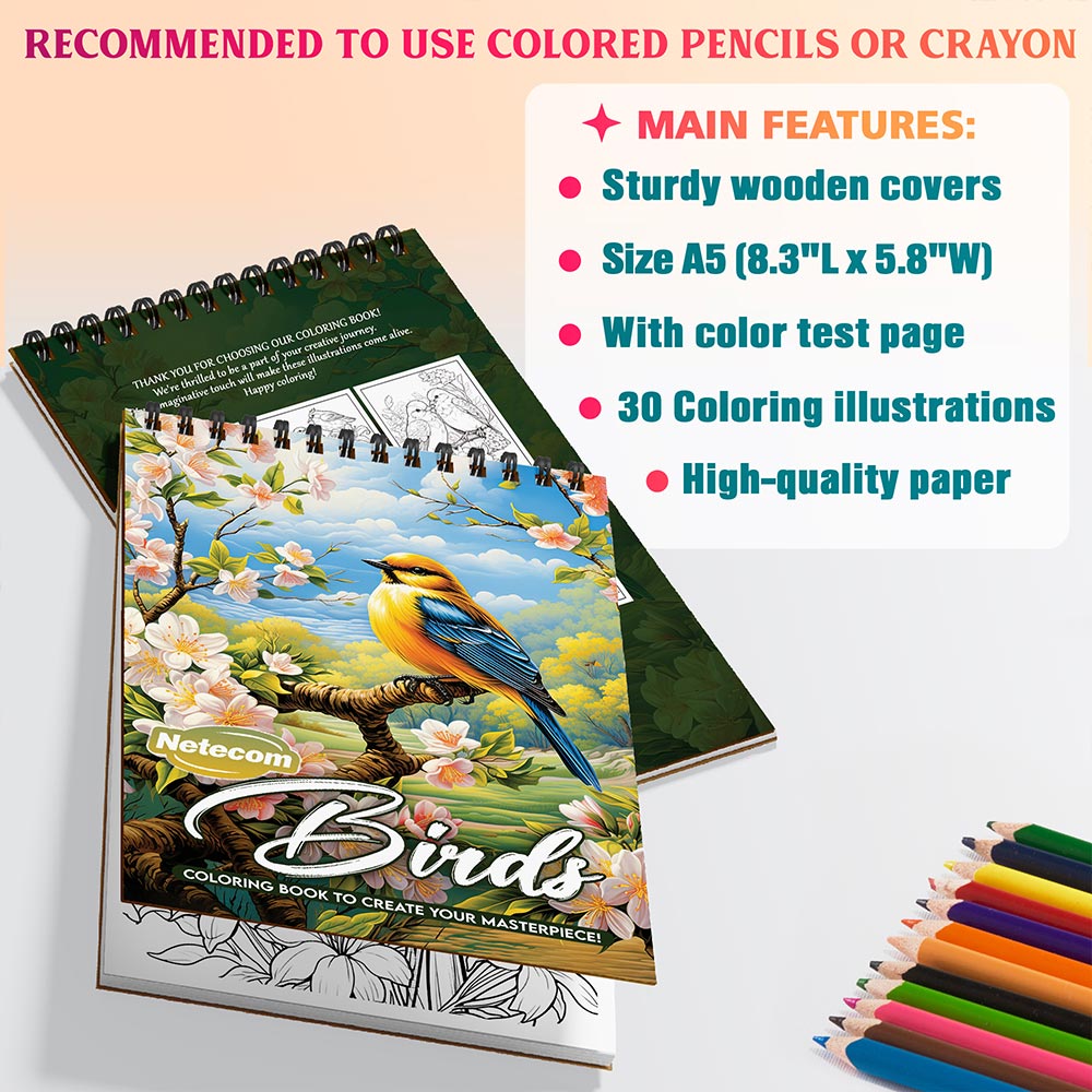Netecom Birds Coloring Book Spiral Bound for Adults, A5 Wooden Cover, 30 Charming Birds Coloring Pages with Variety of Bird Species for Stress Relief and Relaxation