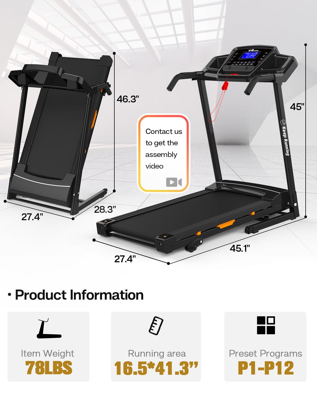 FYC 3.5HP Folding Treadmill 330 LBS Weight Capacity with Incline for Home, Portable Electric Treadmill for Running Walking Jogging Exercise with 12 Preset Programs, Indoor Home Workout Training